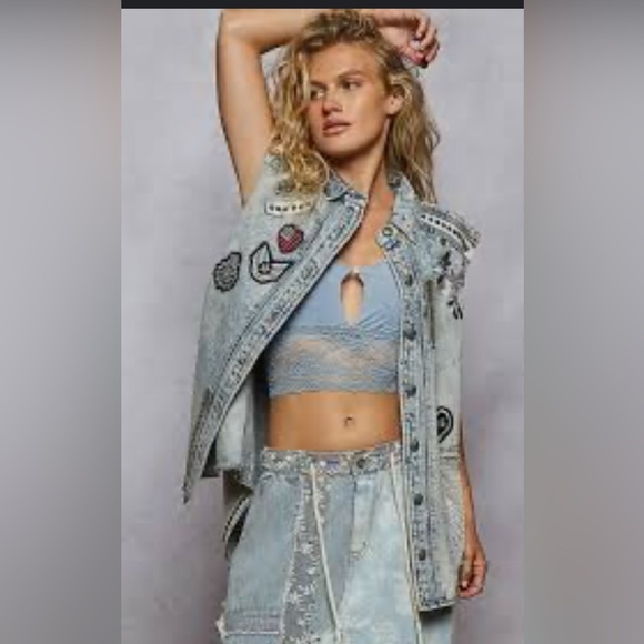 POL Blue Denim Vest with Embroidered Accents - Picture 1 of 5